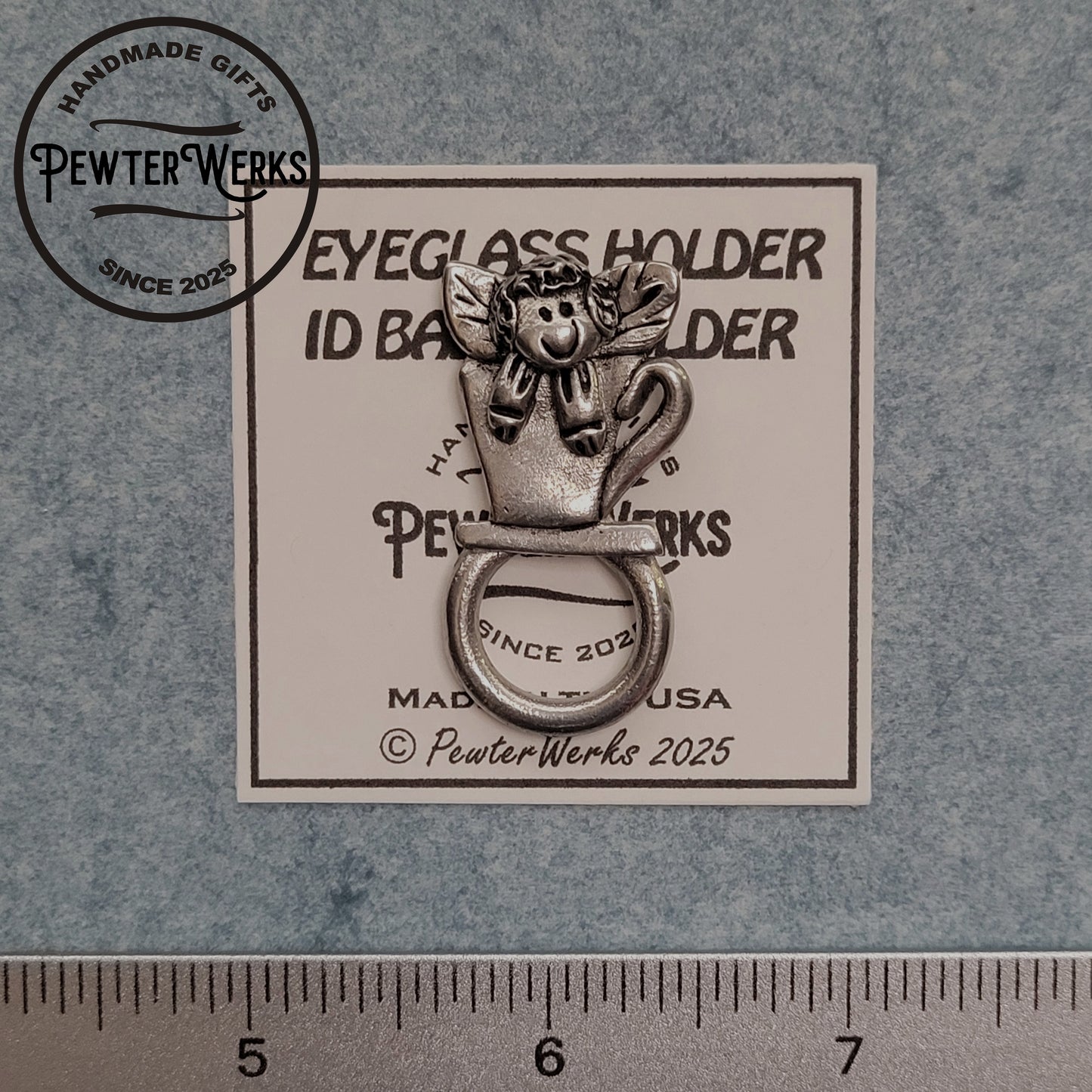 Handmade Pewter Eyeglass / ID Badge Holder Pin 'Angel in a Tea Cup' Gift Bag Included