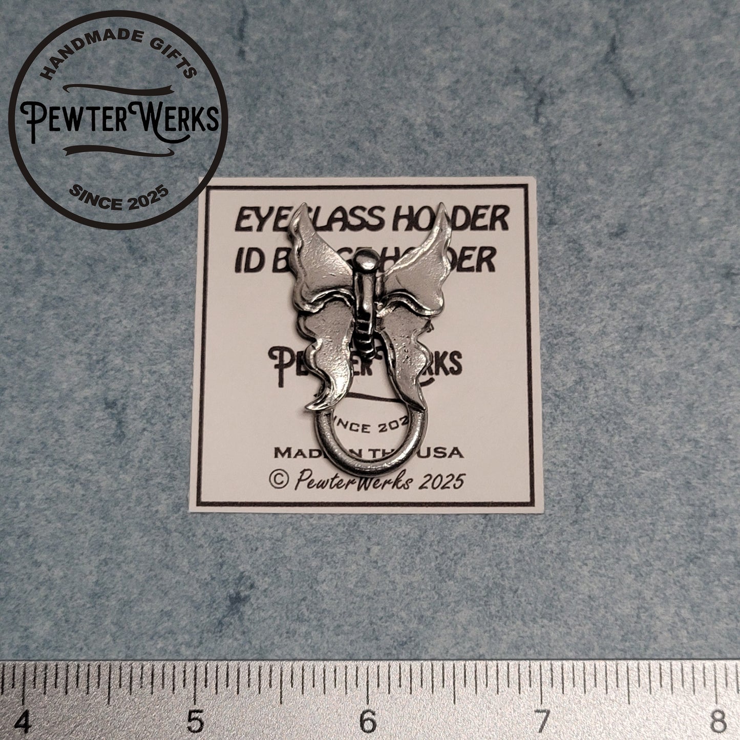 Handmade Pewter Eyeglass / ID Badge Holder Pin 'Butterfly' Gift Bag Included